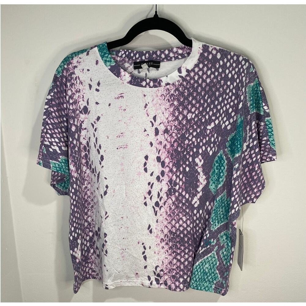 GUESS Snakeskin Crop Top Women’s L Purple White Stretch Boxy Y2K Streetwear NWT